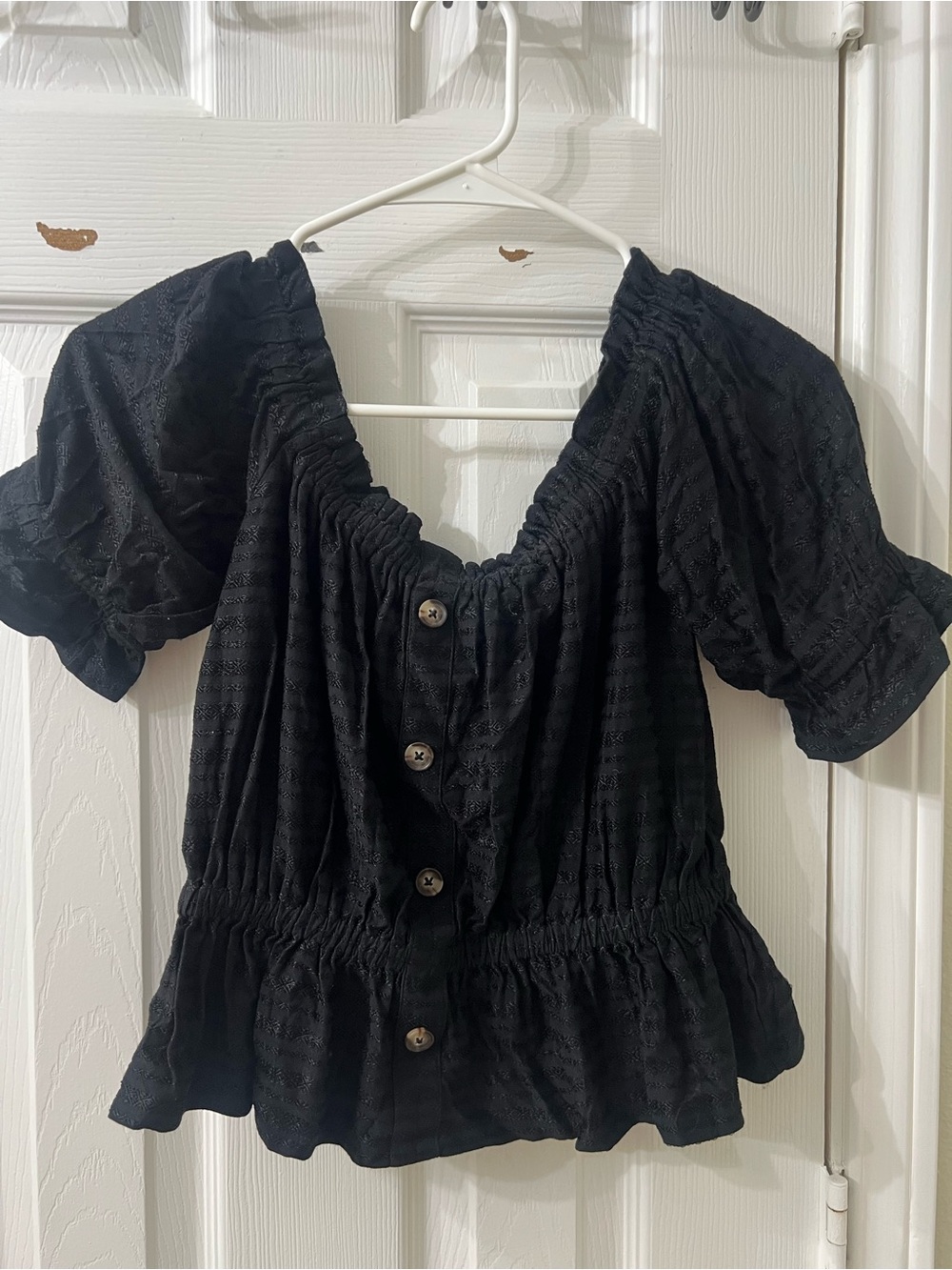 Express Black Button-Front Peplum Puff Sleeve Top XS